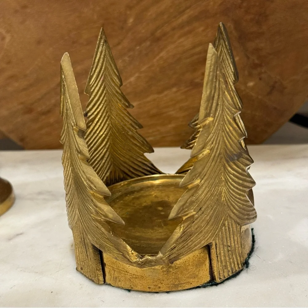 Vintage SOLID BRASS BY JHJ / Trees Candlestick Holder.3.5 x 4”